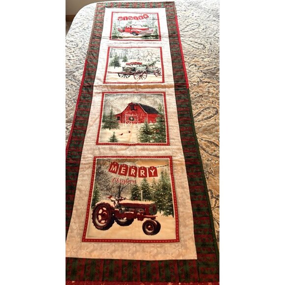 Christmas Table Runner Quilted Country Farm House Old Truck Red Barn 54x18” - Picture 1 of 8
